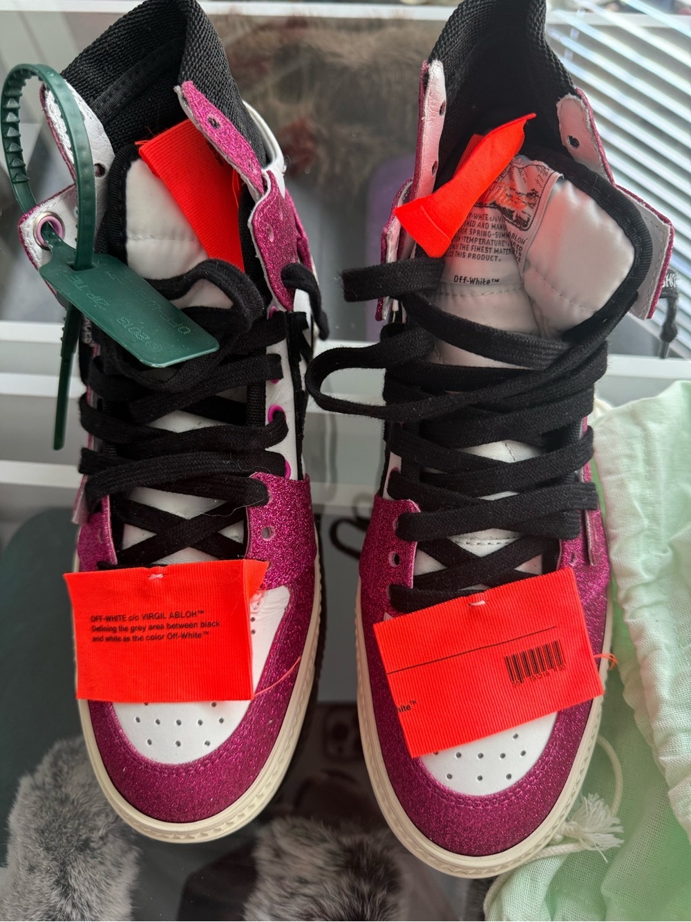 Off-White Pink Glitter High-Top Sneakers with Black Accents
